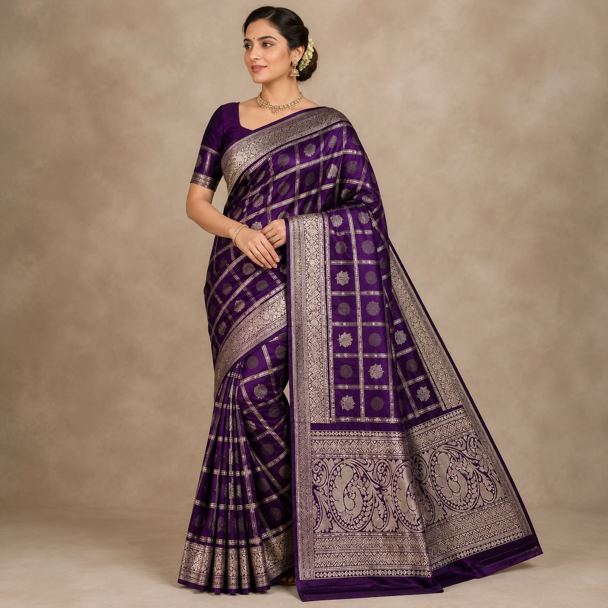 Deep Purple Kanchipuram Silk Saree with Silver Zari Peacock Border
