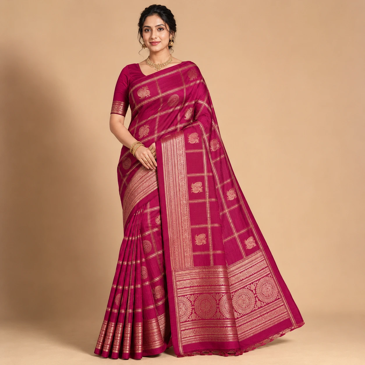 Rani Pink Kanchipuram Silk Saree with Golden Zari Border