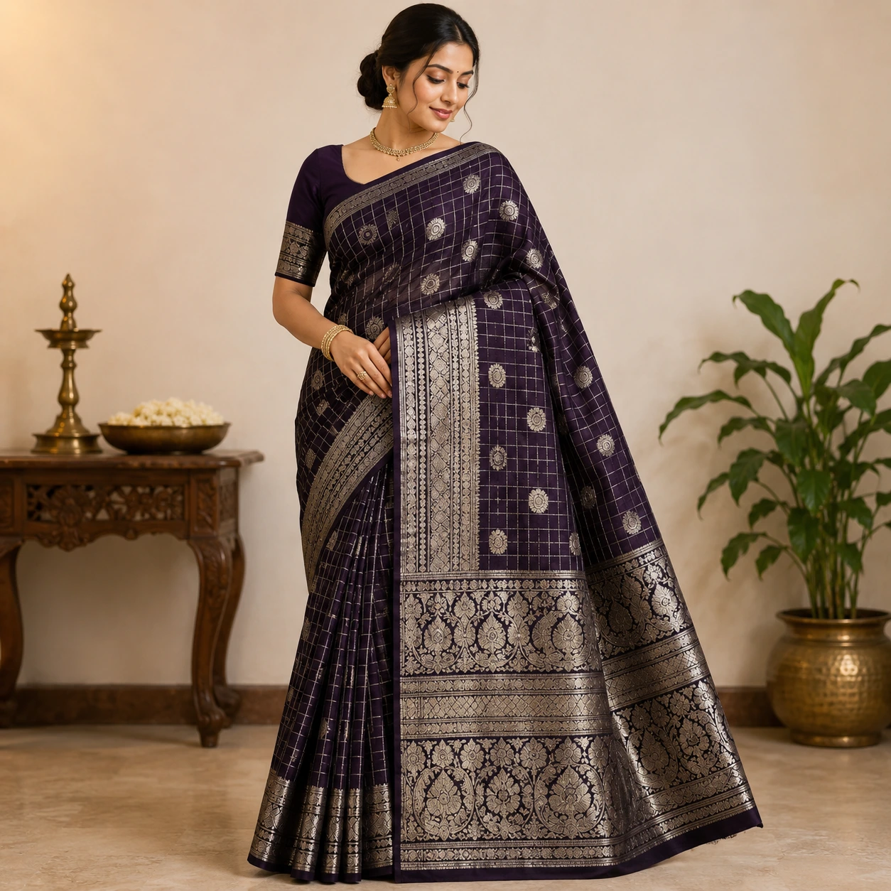 Midnight Black Kanchipuram Silk Saree with Silver Zari Floral Border