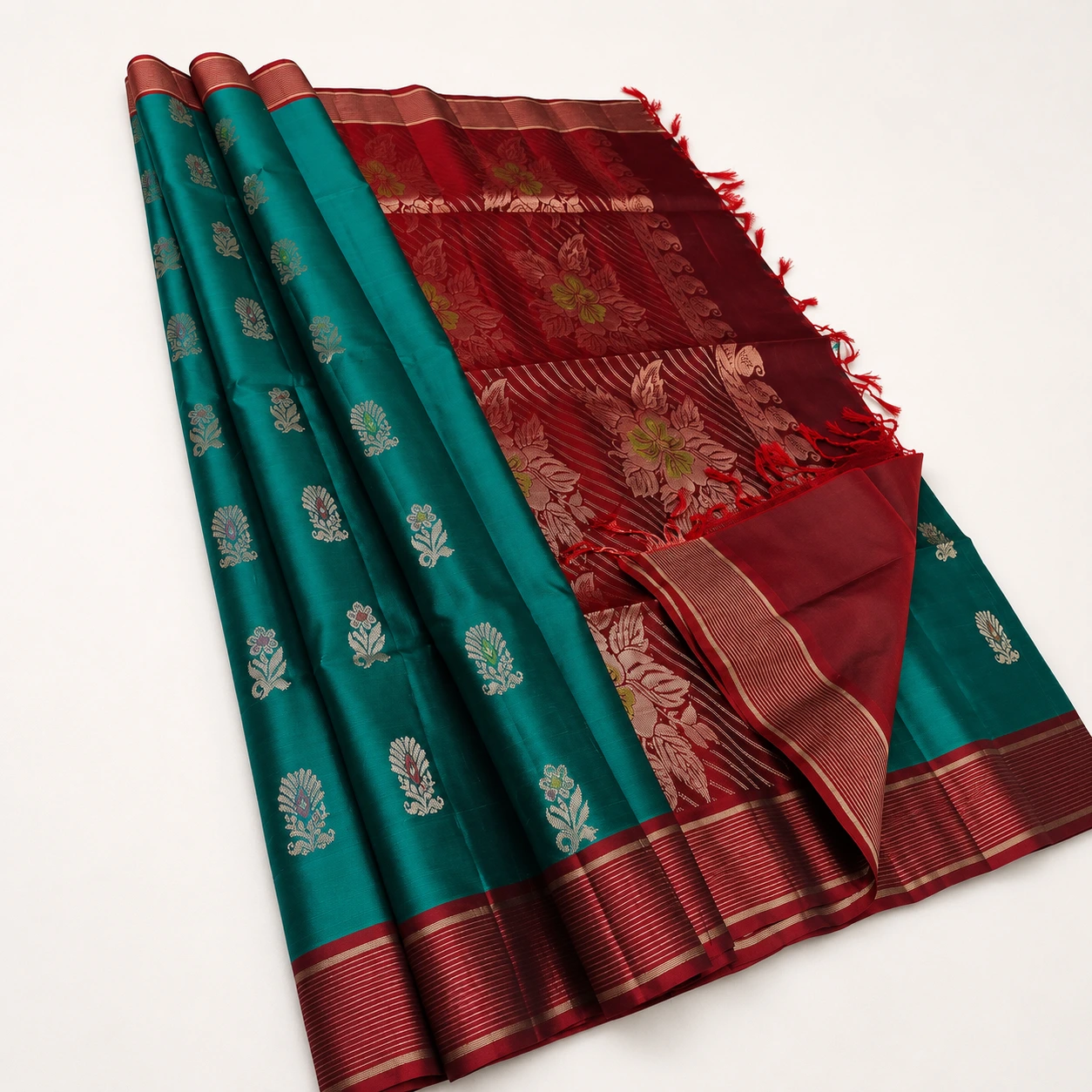 Emerald Green and Maroon Floral Butta Silk Saree