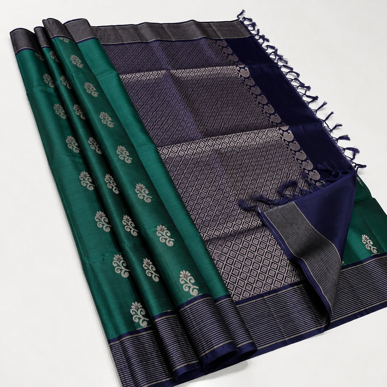 Teal Green and Navy Blue Zari Butta Silk Saree