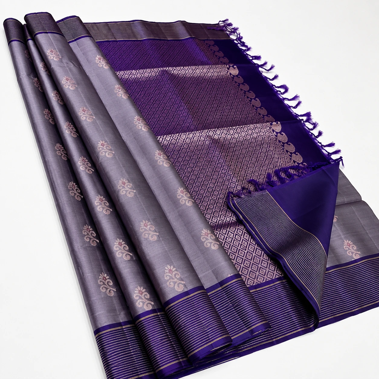 Silver Grey and Royal Purple Zari Silk Saree