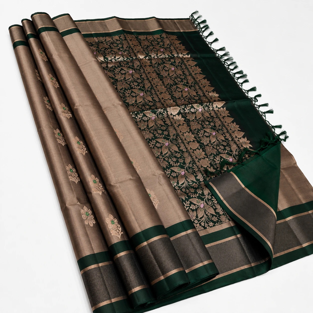 Taupe Brown and Bottle Green Floral Silk Saree