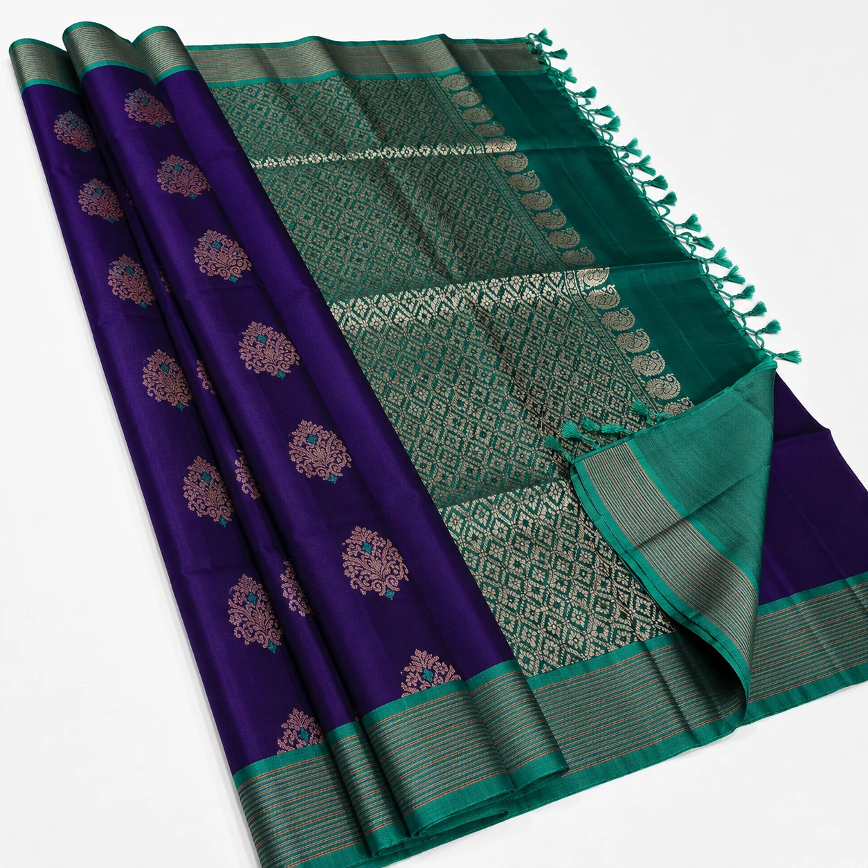Deep Violet and Sea Green Zari Silk Saree