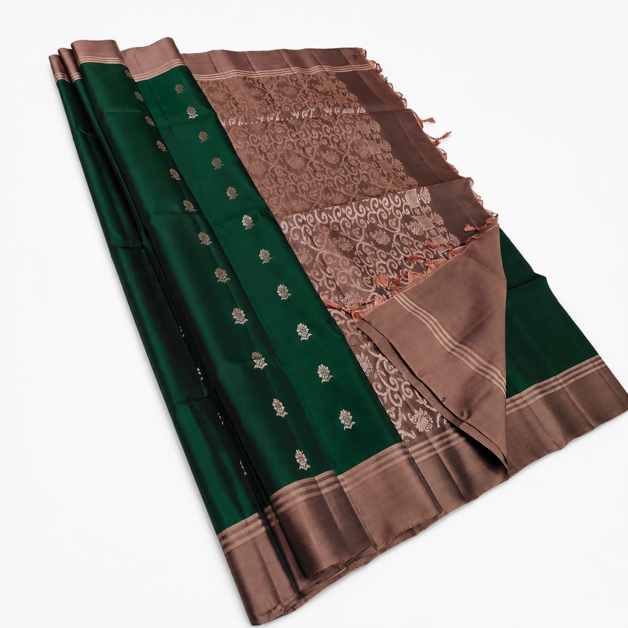 Bottle Green and Rose Gold Zari Silk Saree