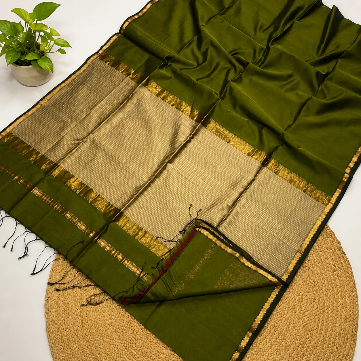 Olive Green Tissue Border Chanderi Pattu Saree