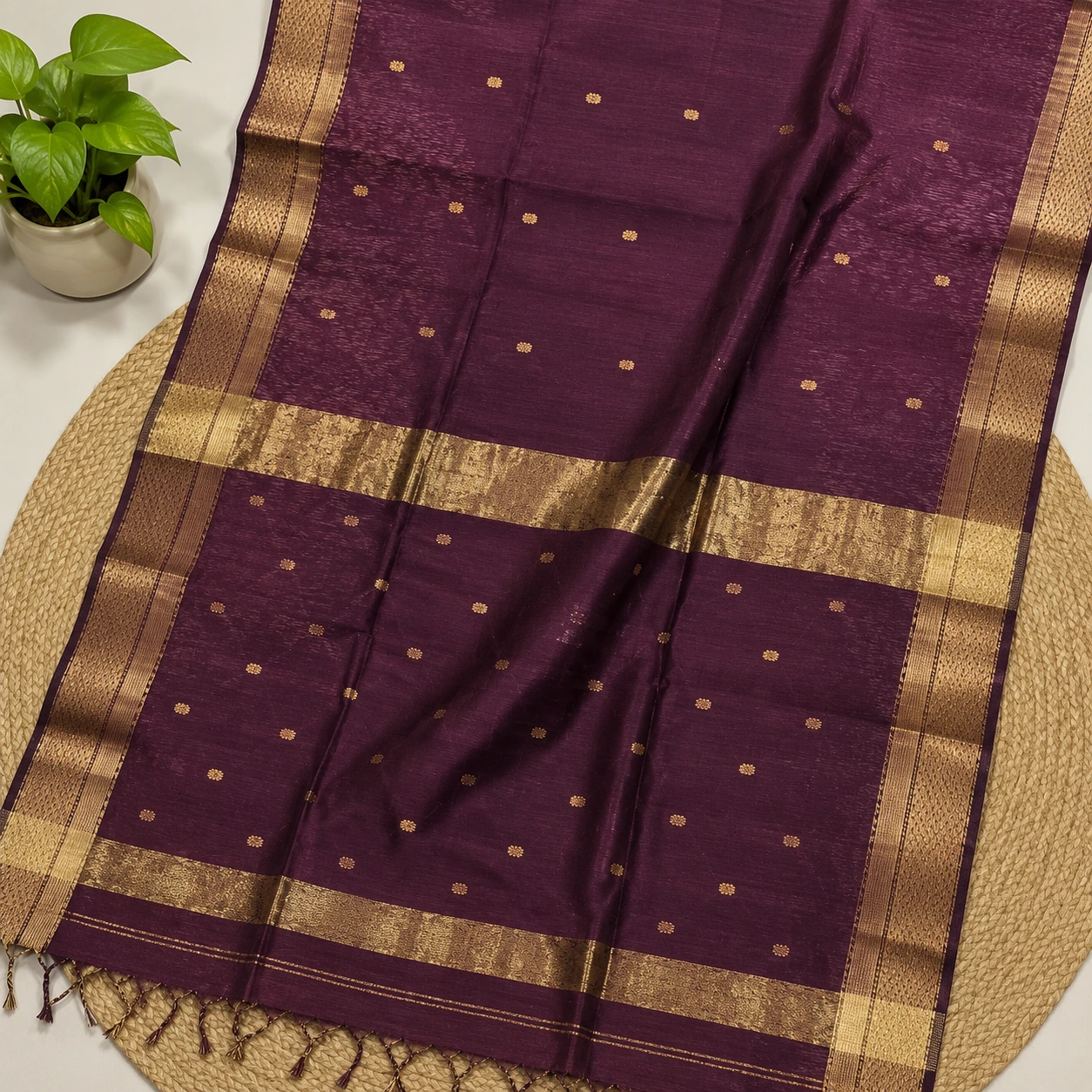 Deep Wine Gold Butta Chanderi Pattu Saree