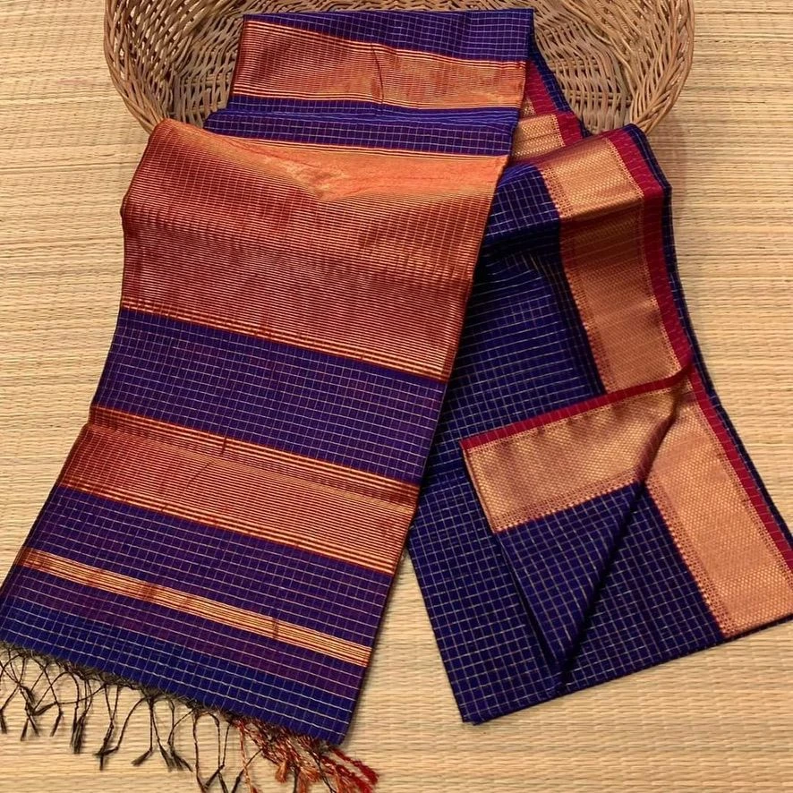 Royal Navy Copper Check Chanderi Pattu Saree