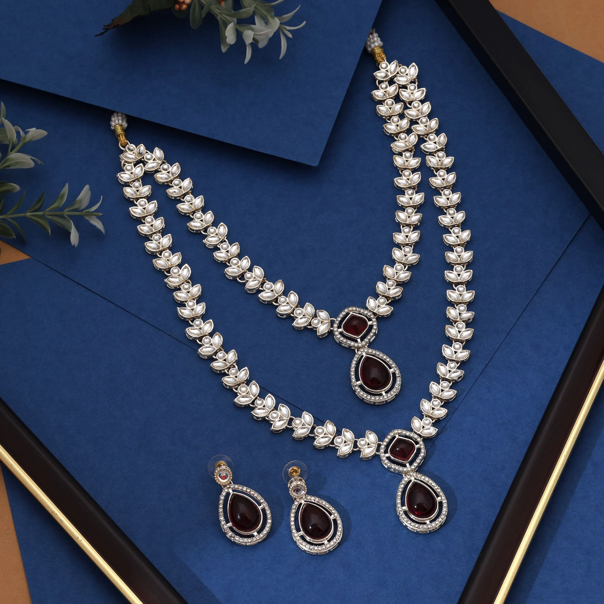 FNKN134MRN Ruby Maroon Kundan Double-Layer Necklace Set