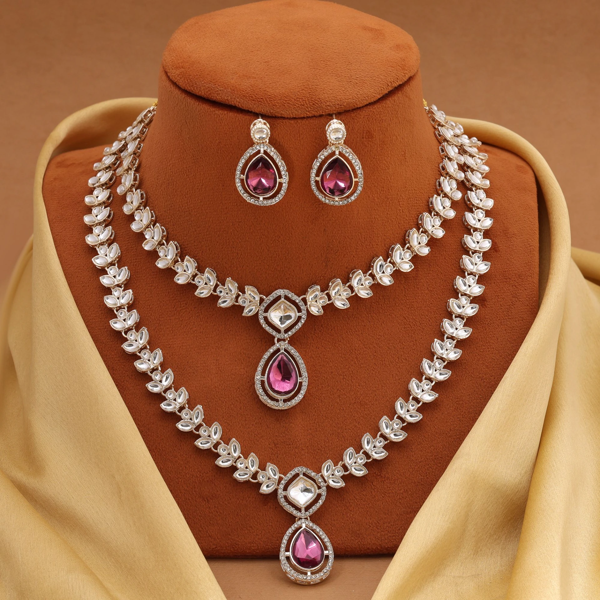 FNKN134PRP Purple Kundan Double-Layer Necklace Set