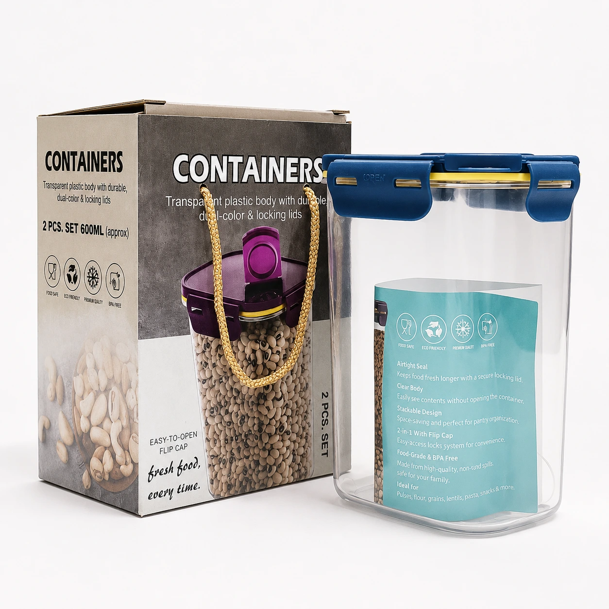 Flip-Cap Airtight Storage Container Set – 2 Pieces, 600 ml (120pcs)