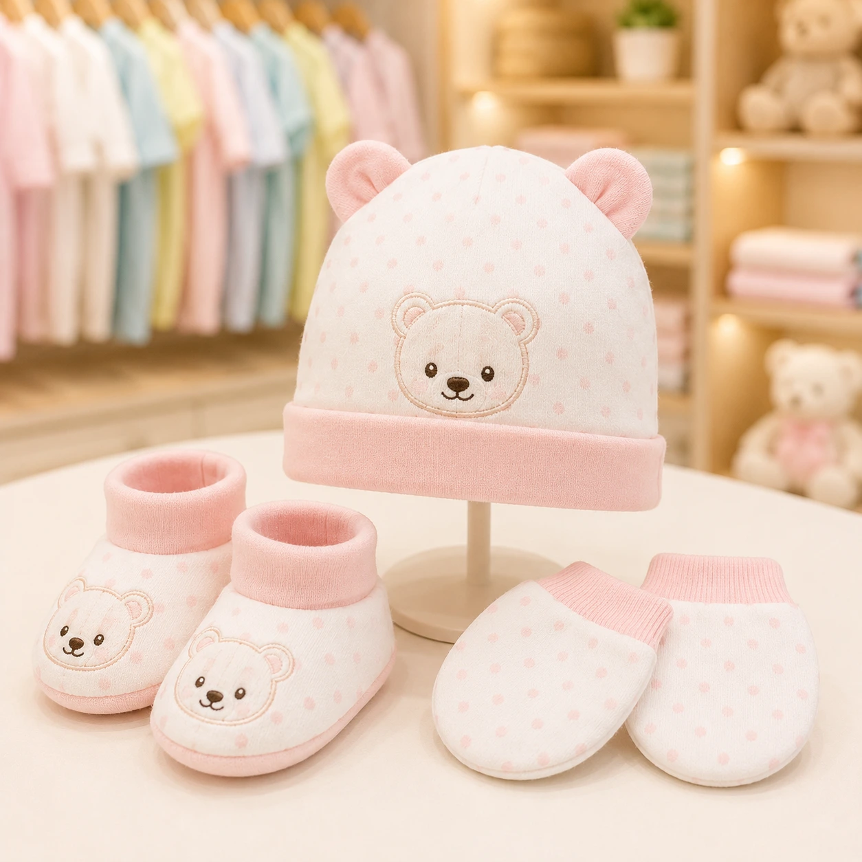 Teddy Cap, Booties & Mittens Set