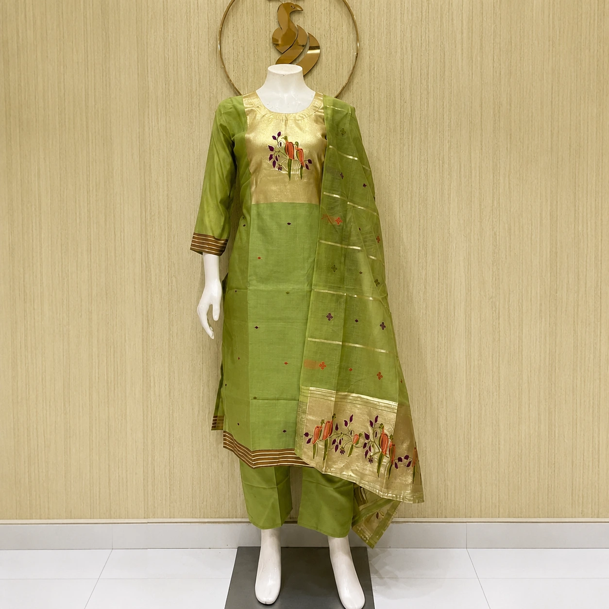 Olive Green Embroidered Kurta Pant Set with Dupatta