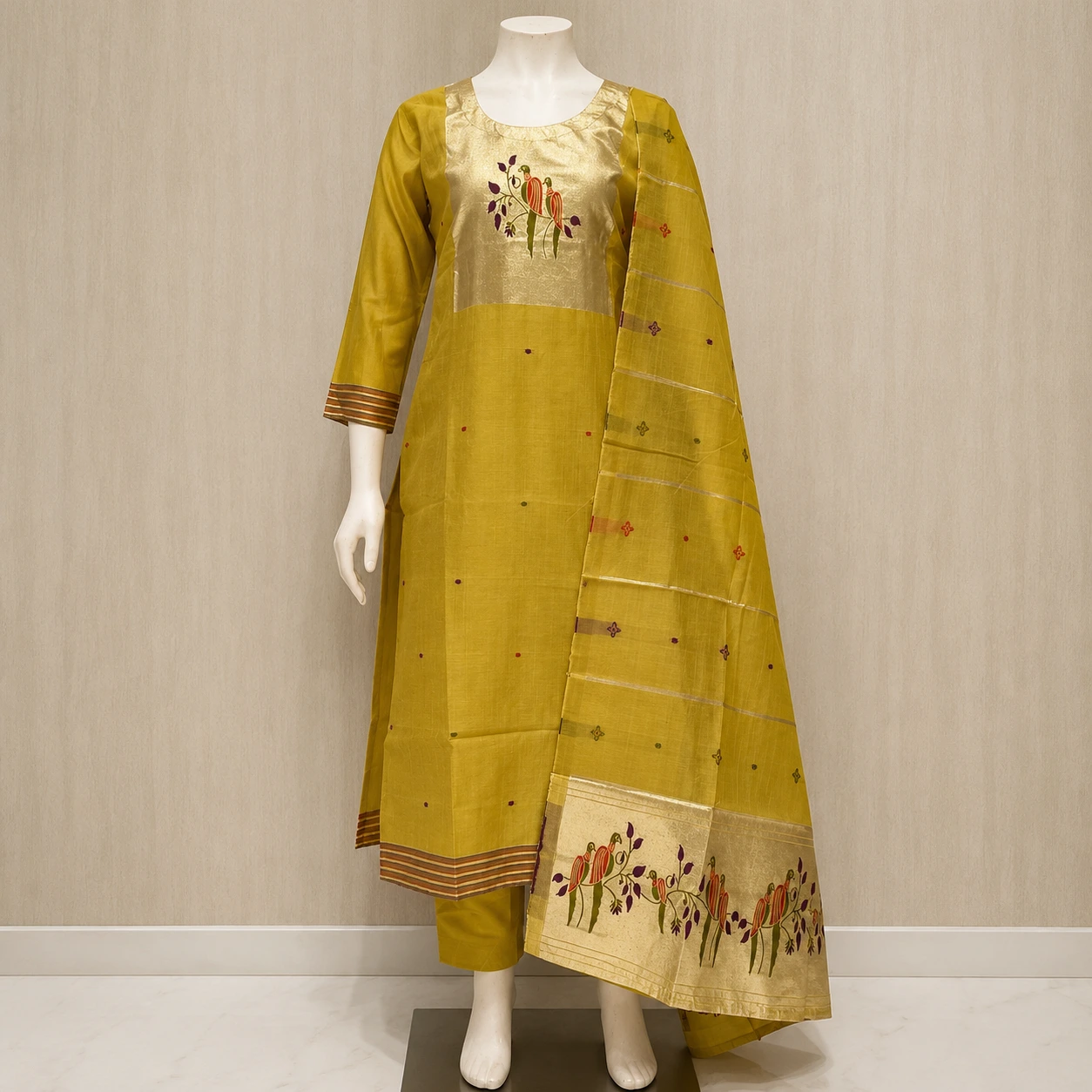 Mustard Yellow Embroidered Kurta Pant Set with Dupatta