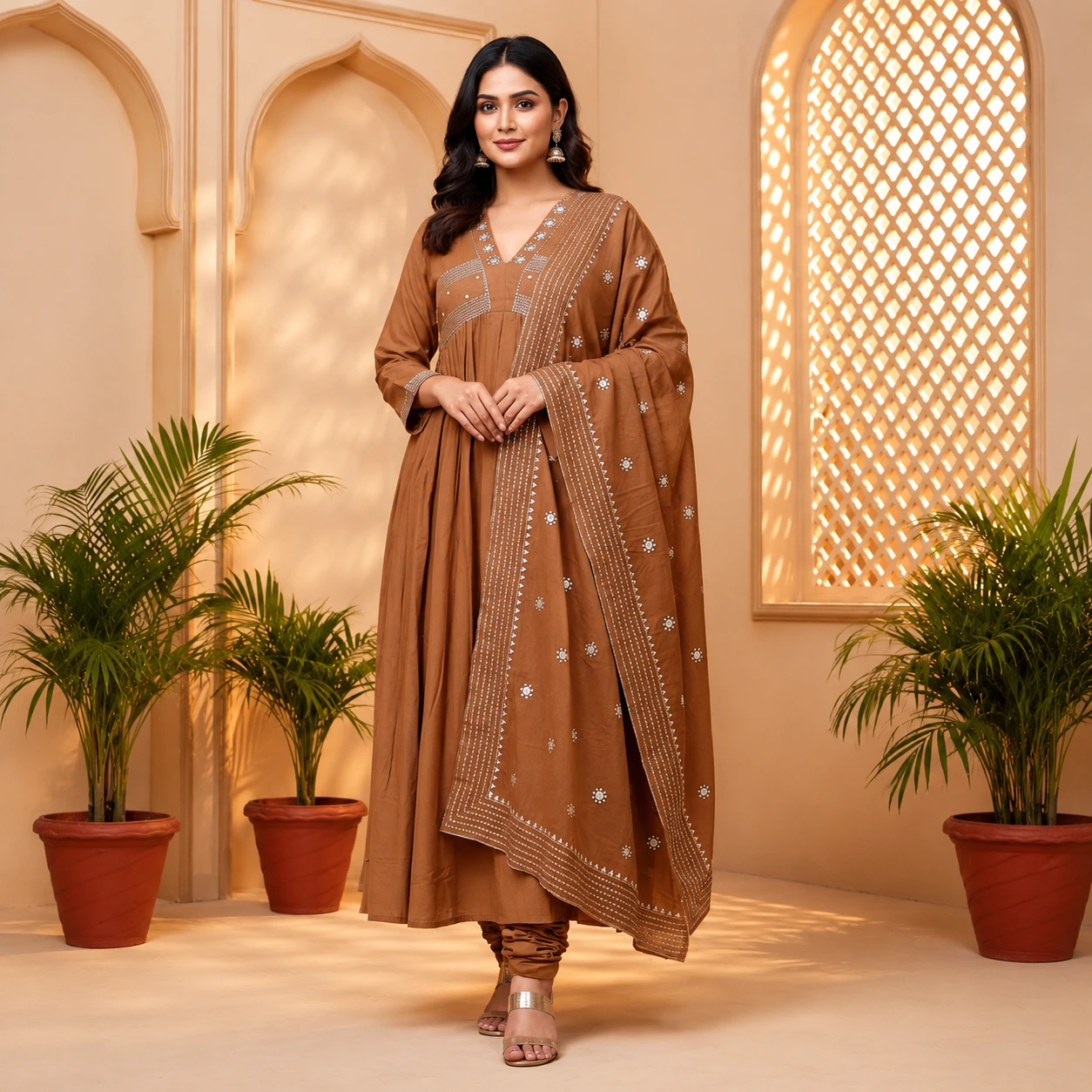 Brown Embroidered Anarkali Suit with Dupatta