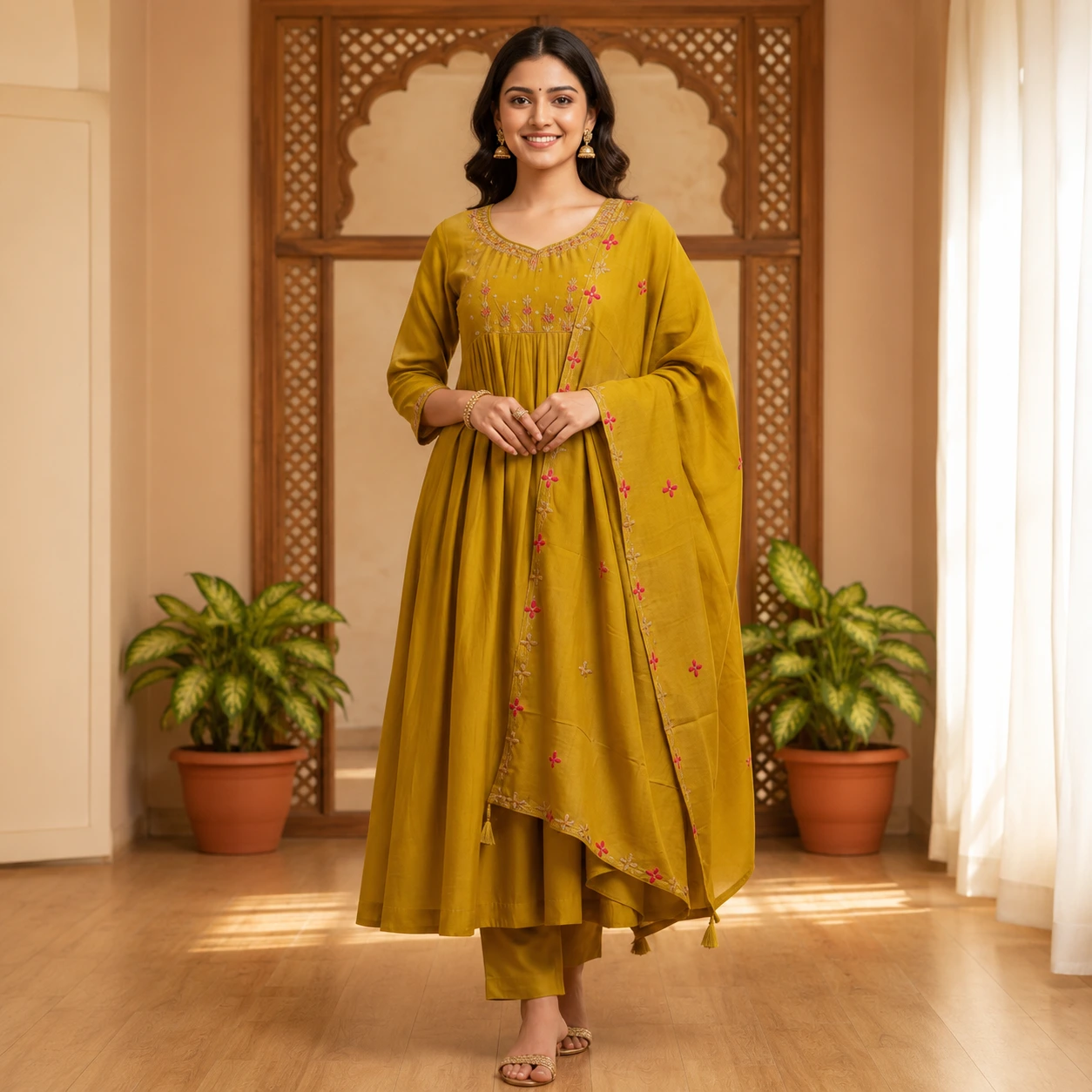 Mustard Yellow Embroidered Anarkali Suit with Dupatta