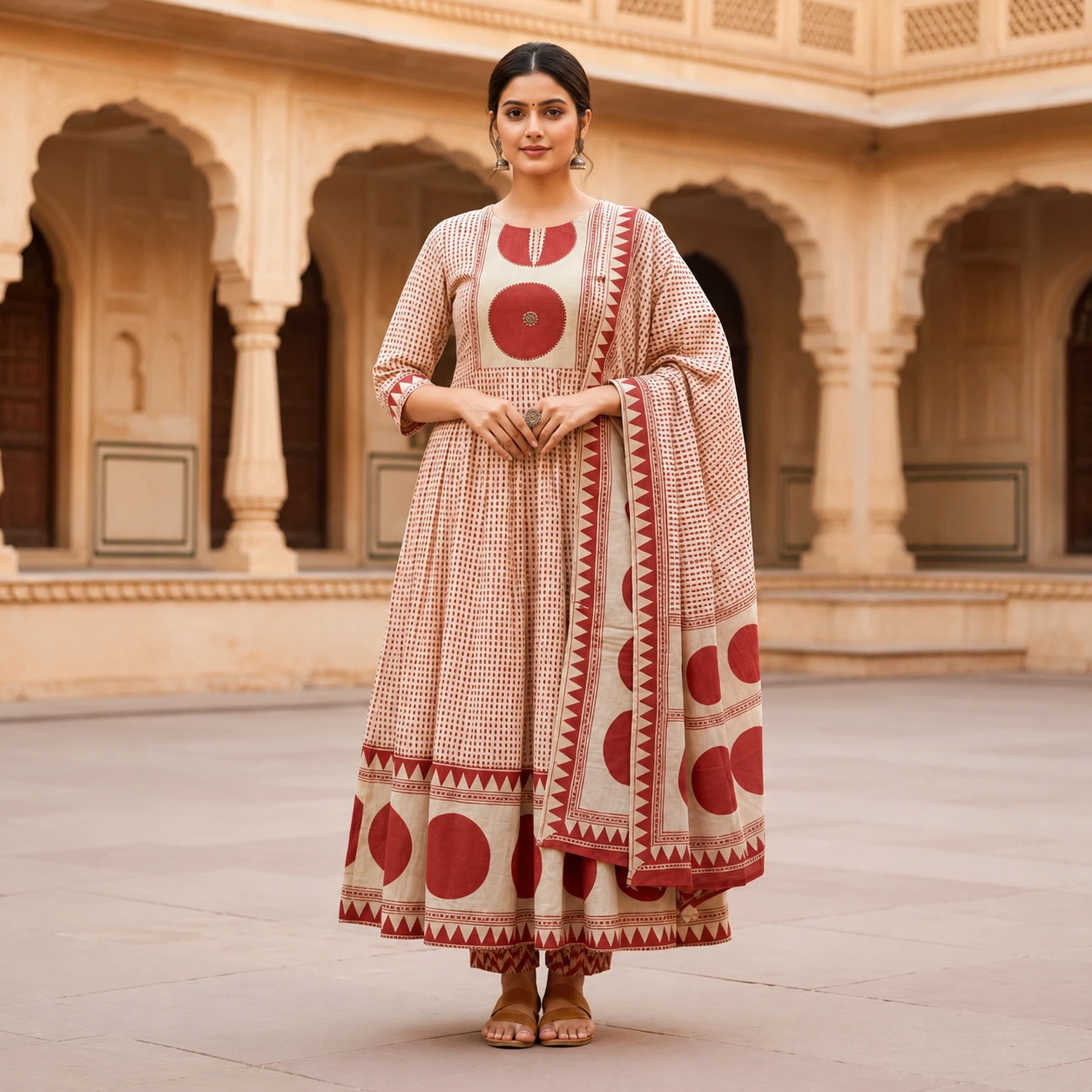 Beige and Maroon Geometric Print Anarkali Suit