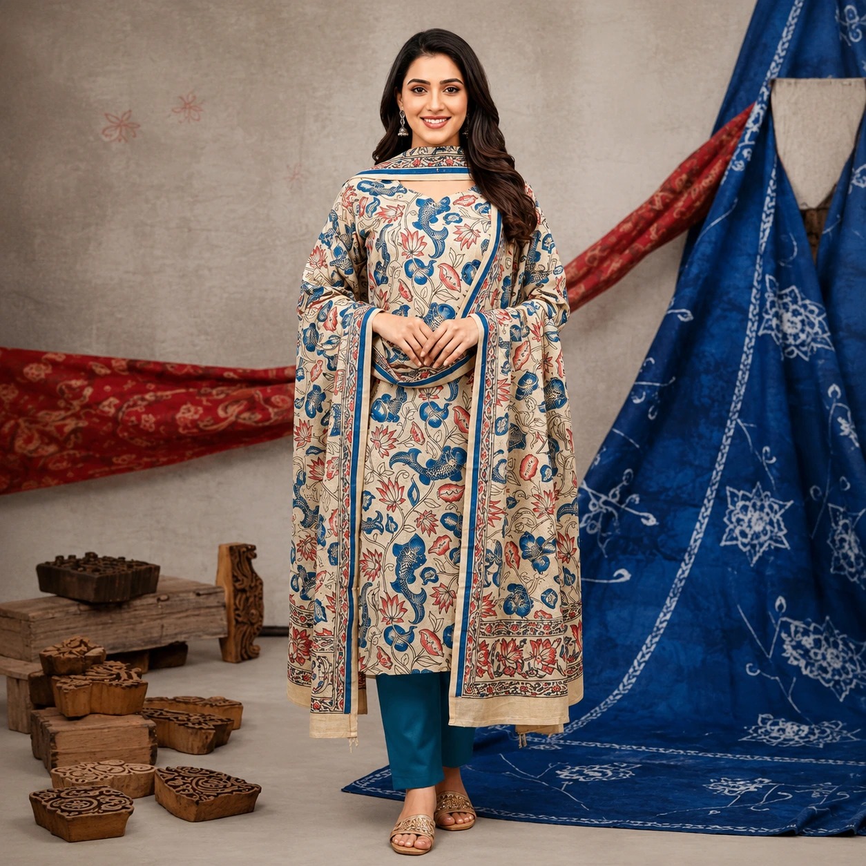 Beige Kalamkari Print Kurta Set with Dupatta
