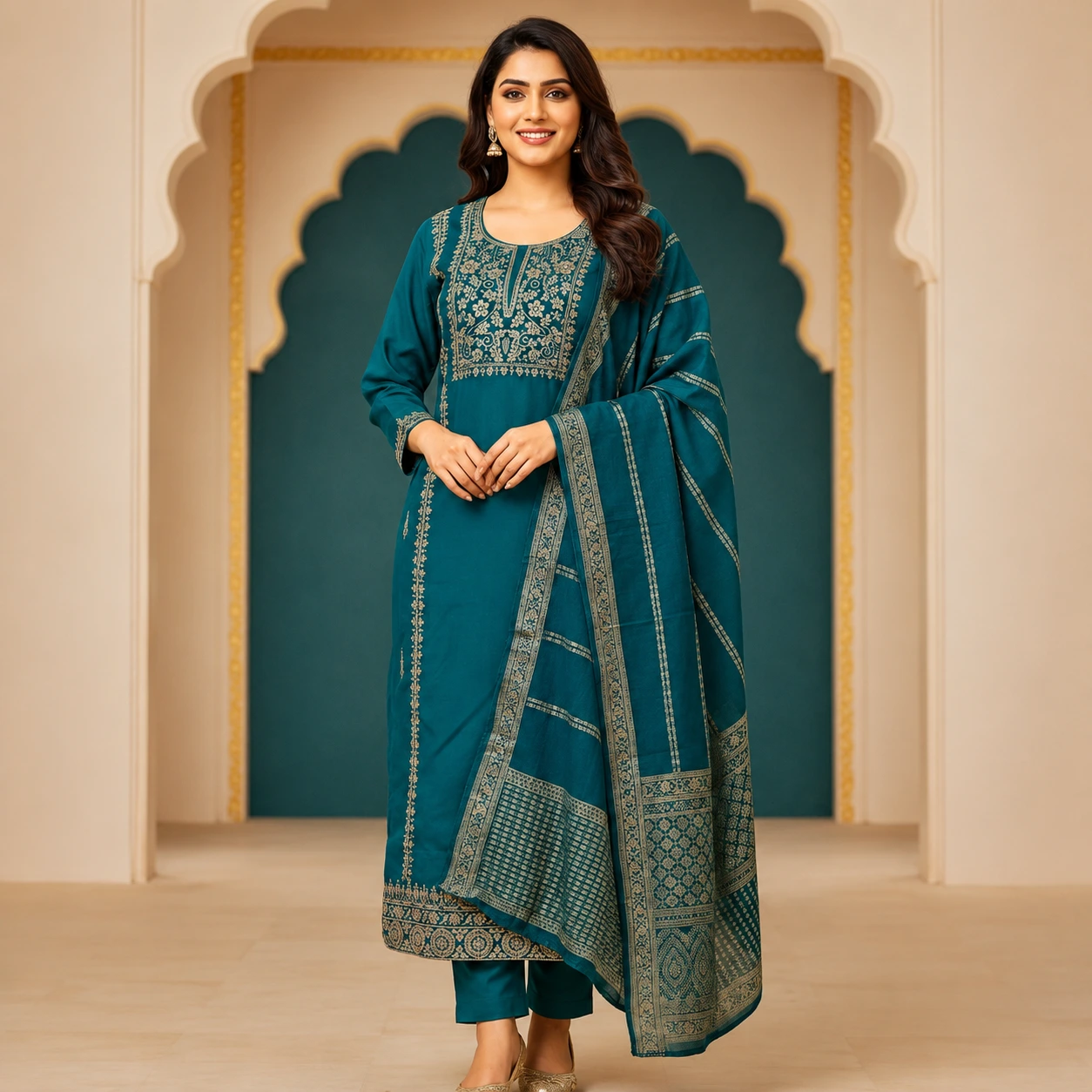 Teal Blue Embroidered Kurta Pant Set with Dupatta