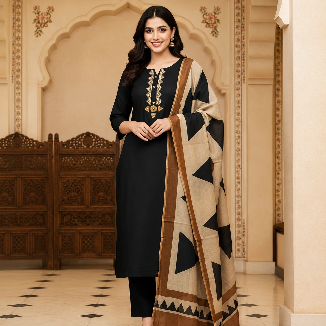 Black Embroidered Kurta Pant Set with Geometric Dupatta