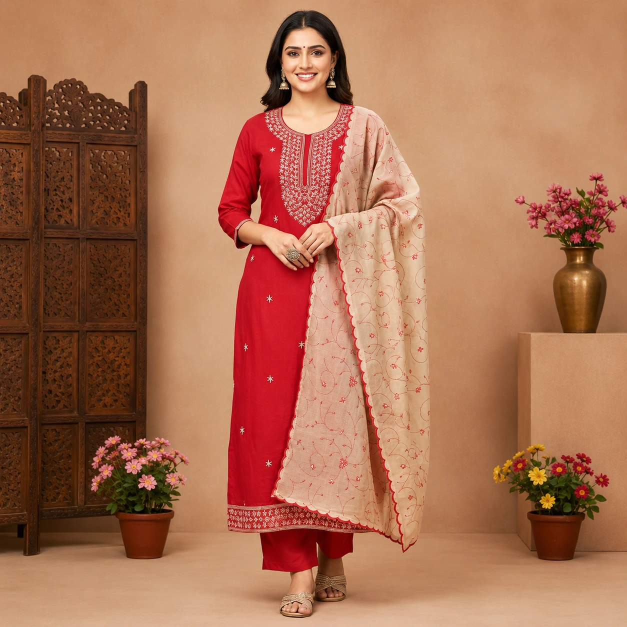 Red Embroidered Kurta Pant Set with Beige Dupatta