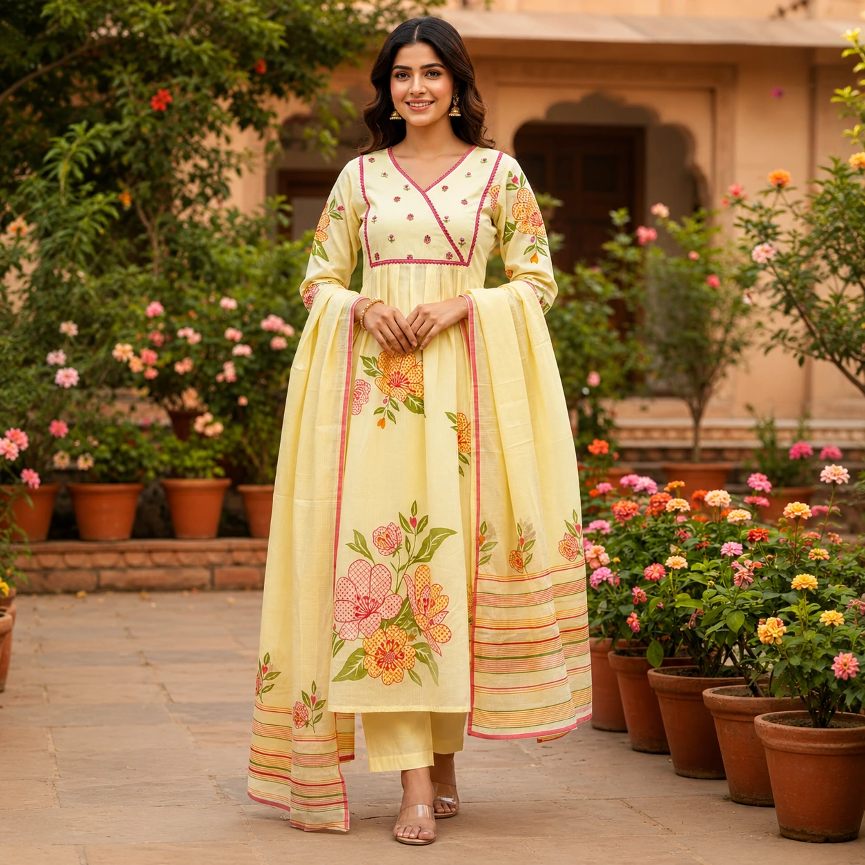 Pastel Yellow Floral Print Anarkali Suit with Dupatta