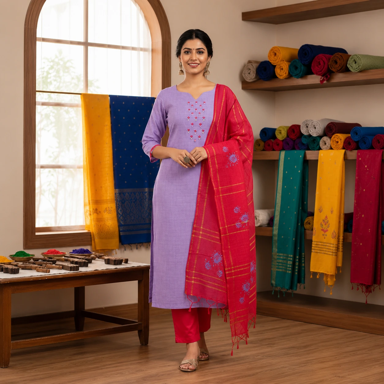 Lavender Embroidered Kurta Pant Set with Pink Dupatta