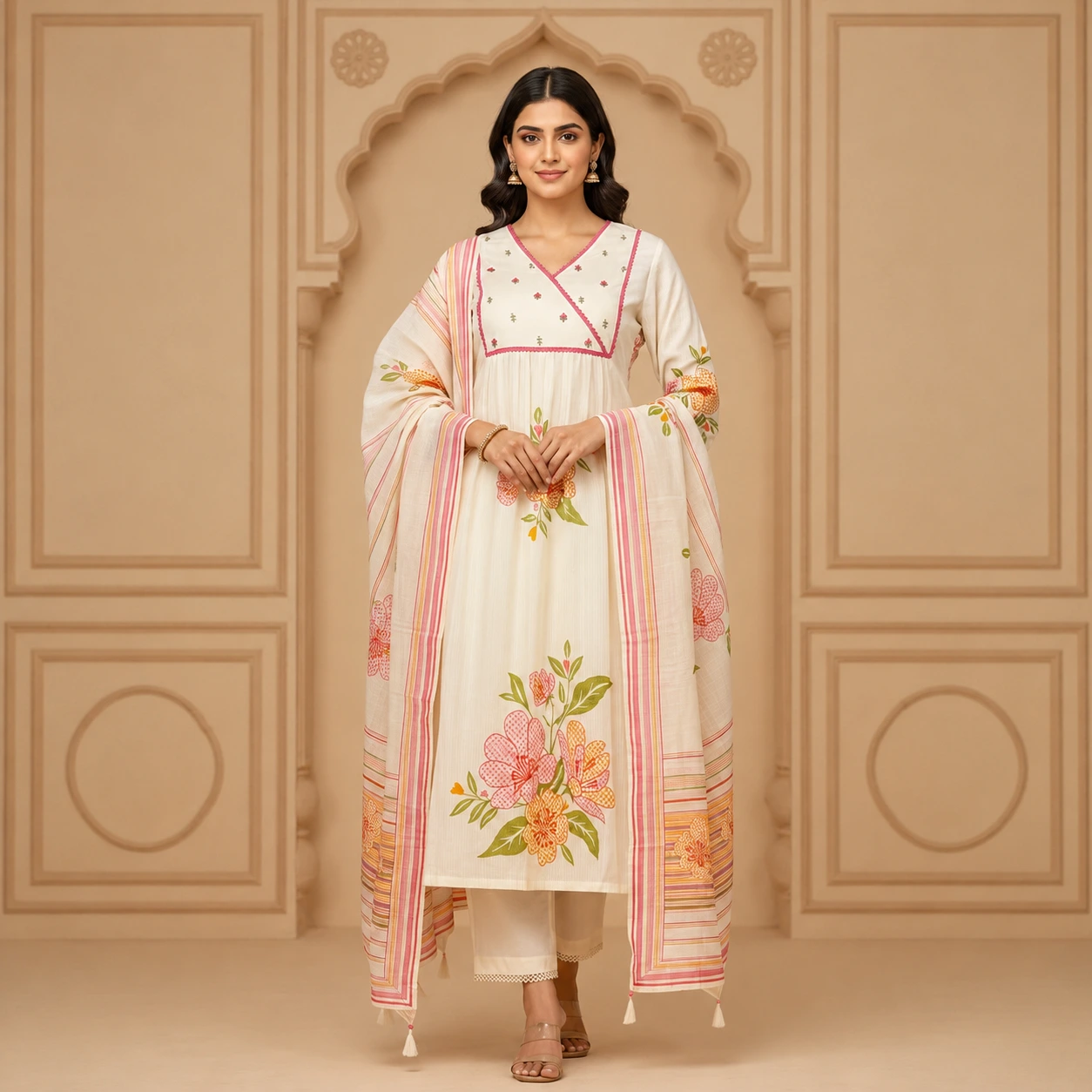 Ivory Floral Print Anarkali Suit with Striped Dupatta