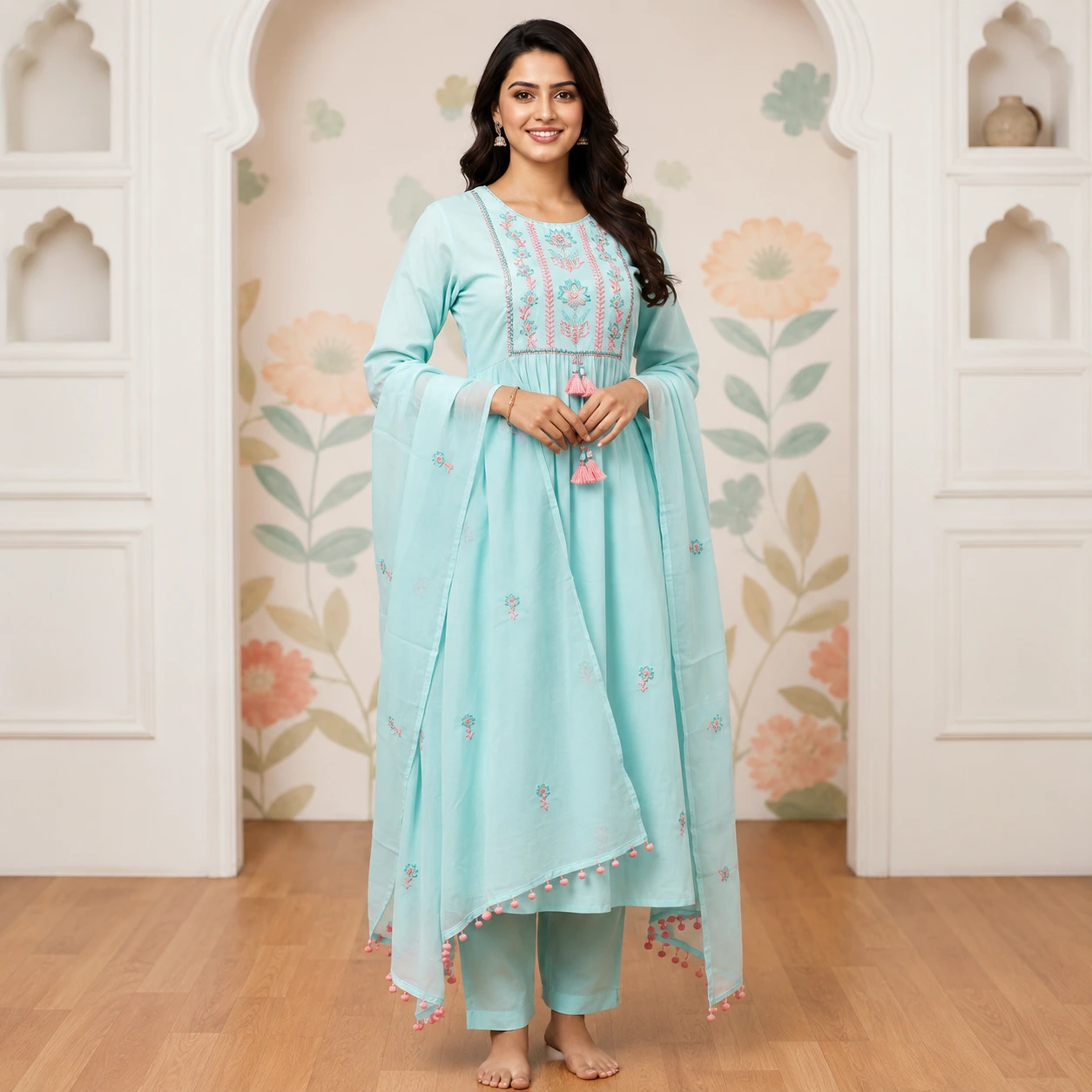 Aqua Blue Embroidered Anarkali Suit with Dupatta