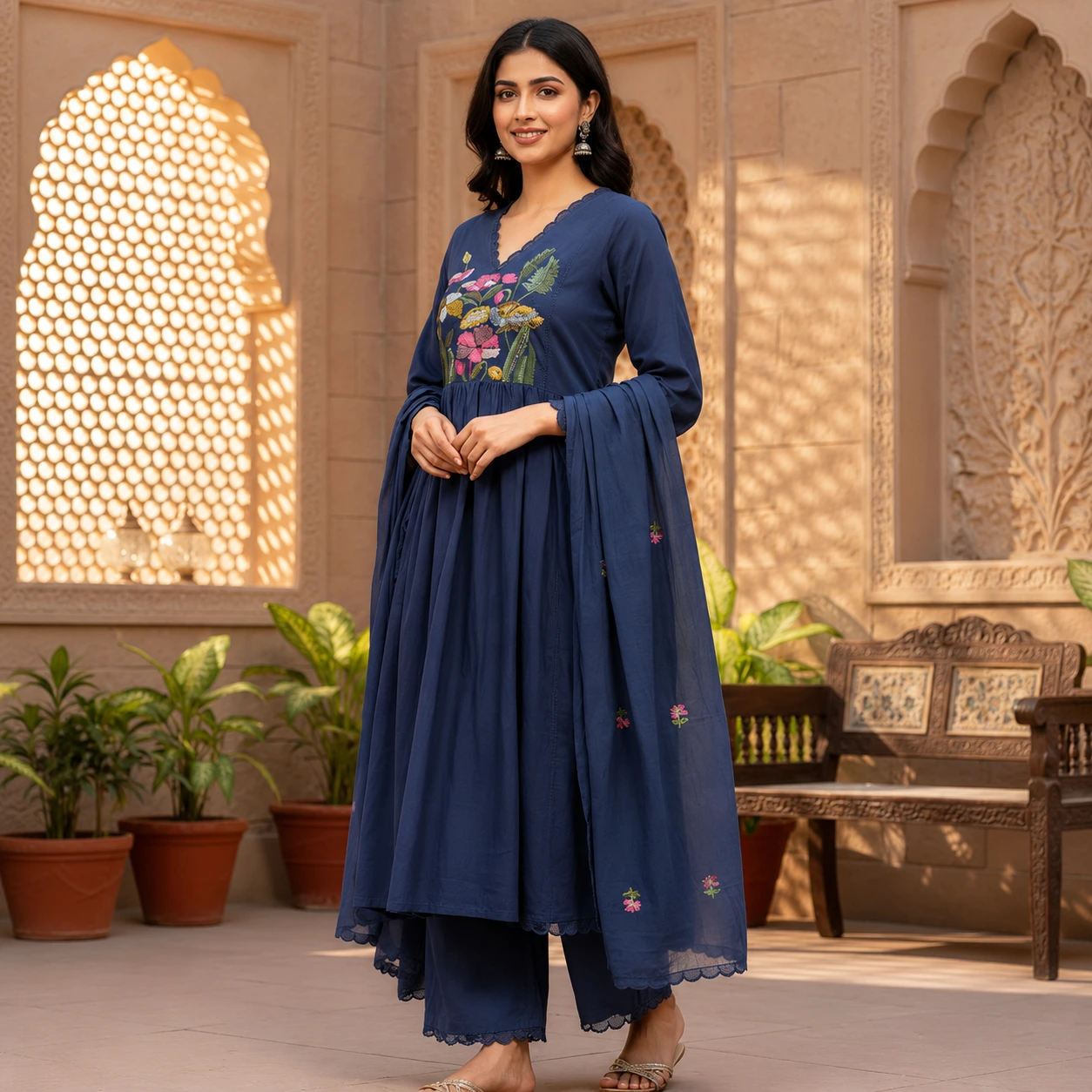 Navy Blue Floral Embroidered Anarkali Suit with Dupatta