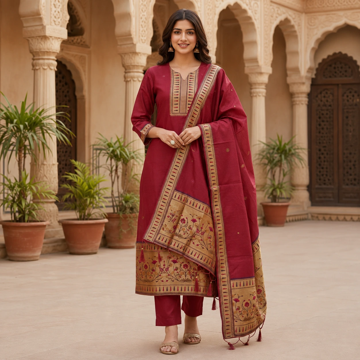 Maroon Embroidered Kurta Pant Set with Floral Border Dupatta