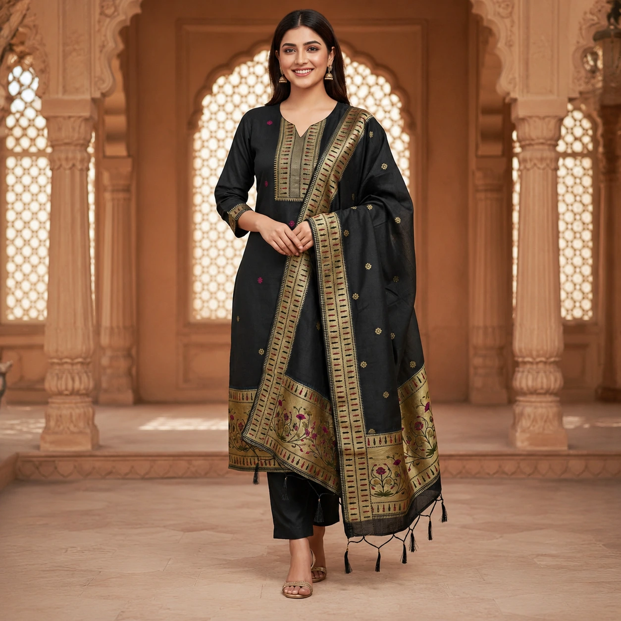 Black Embroidered Kurta Pant Set with Heritage Border Dupatta