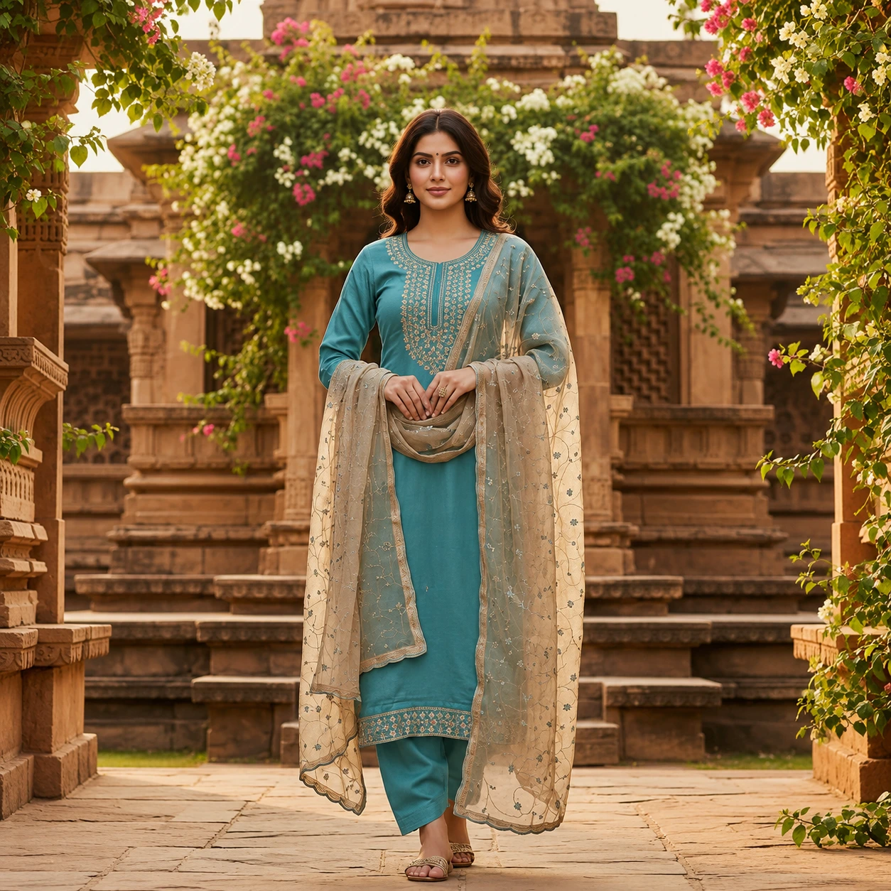 Teal Blue Embroidered Kurta Pant Set with Beige Net Dupatta