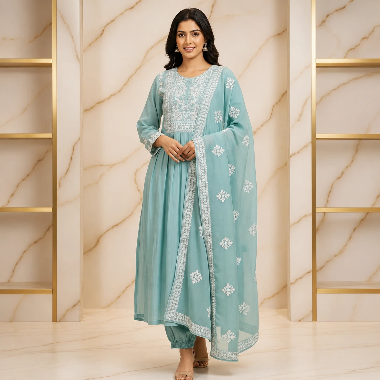 Powder Blue Embroidered Anarkali Suit with Dupatta