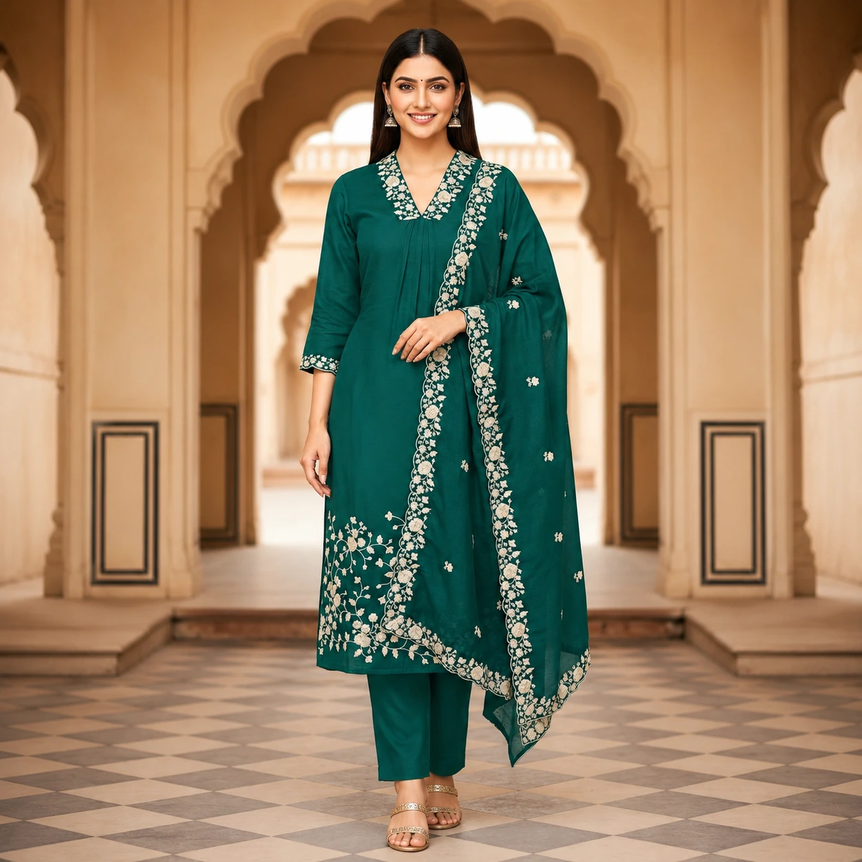 Emerald Green Embroidered Kurta Pant Set with Dupatta