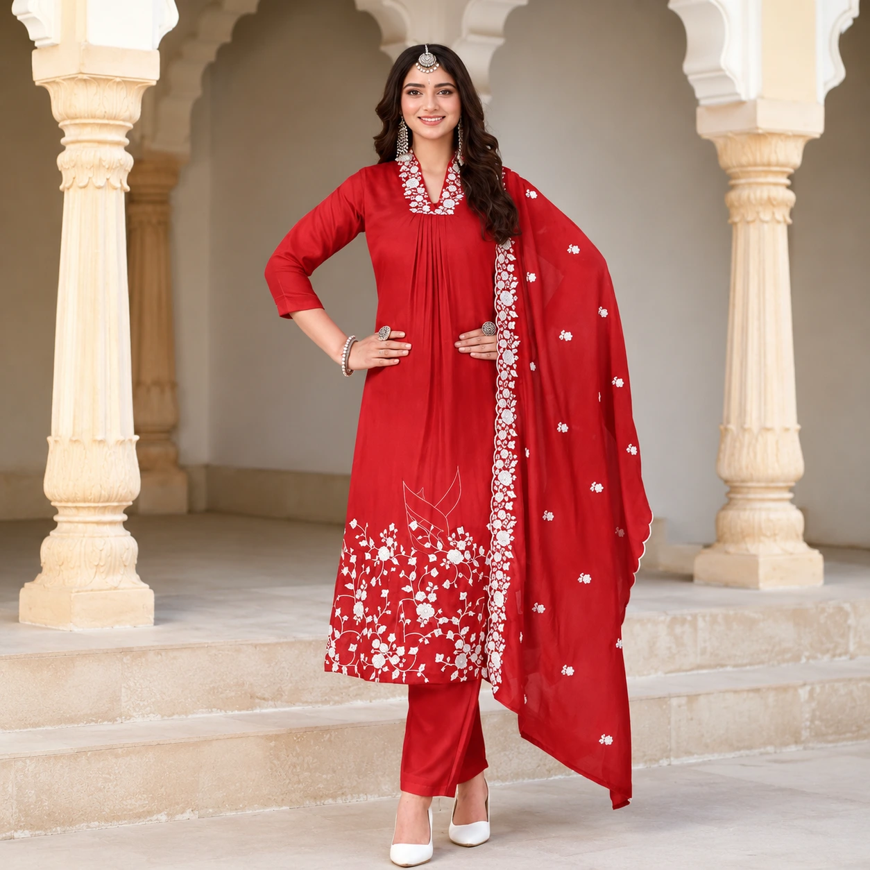 Red Floral Embroidered Kurta Pant Set with Dupatta
