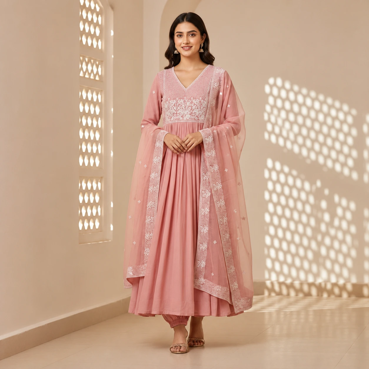 Blush Pink Embroidered Anarkali Suit with Dupatta