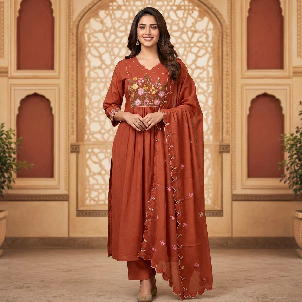 Rust Orange Floral Embroidered Anarkali Suit with Dupatta