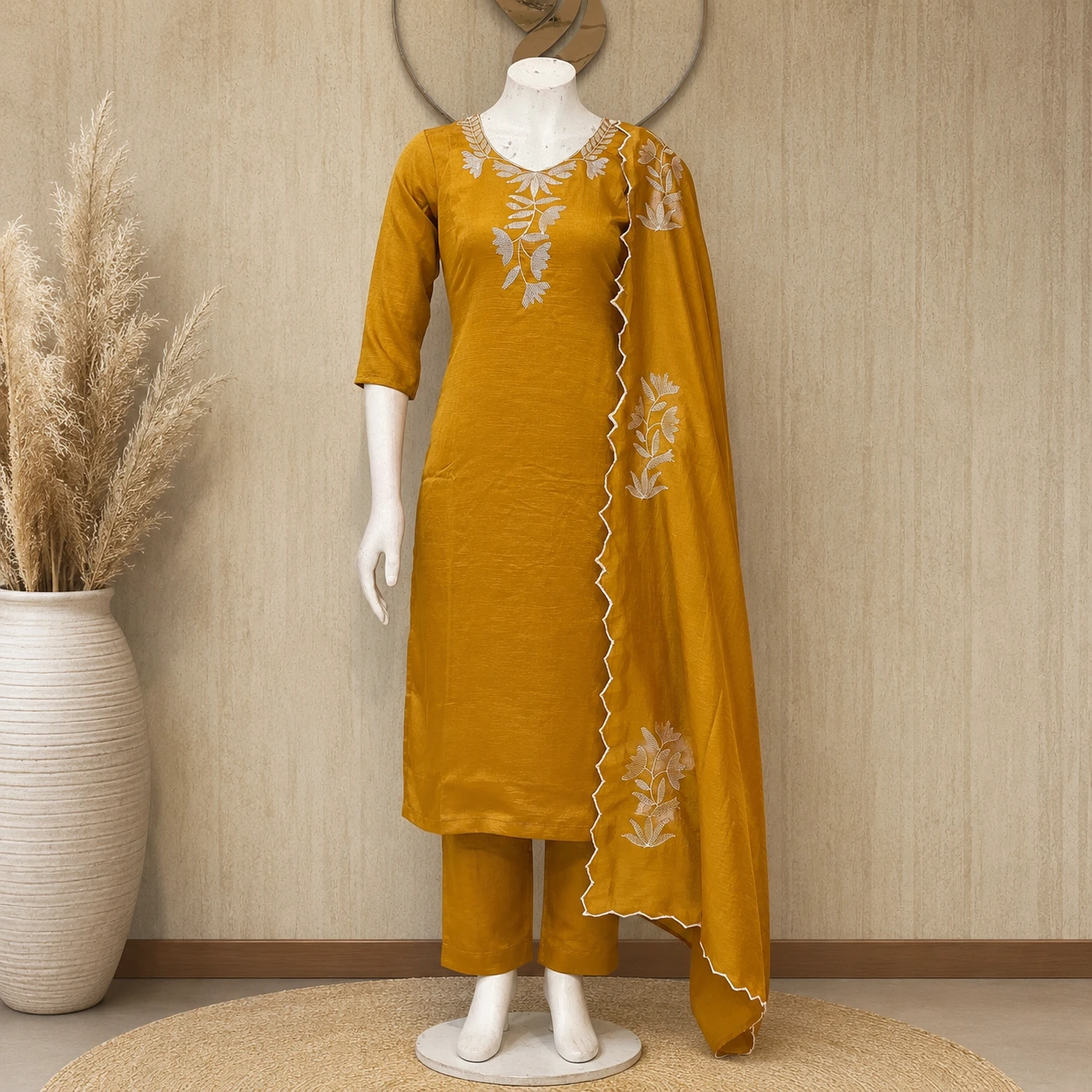 Mustard Yellow Floral Embroidered Kurta Pant Set with Dupatta