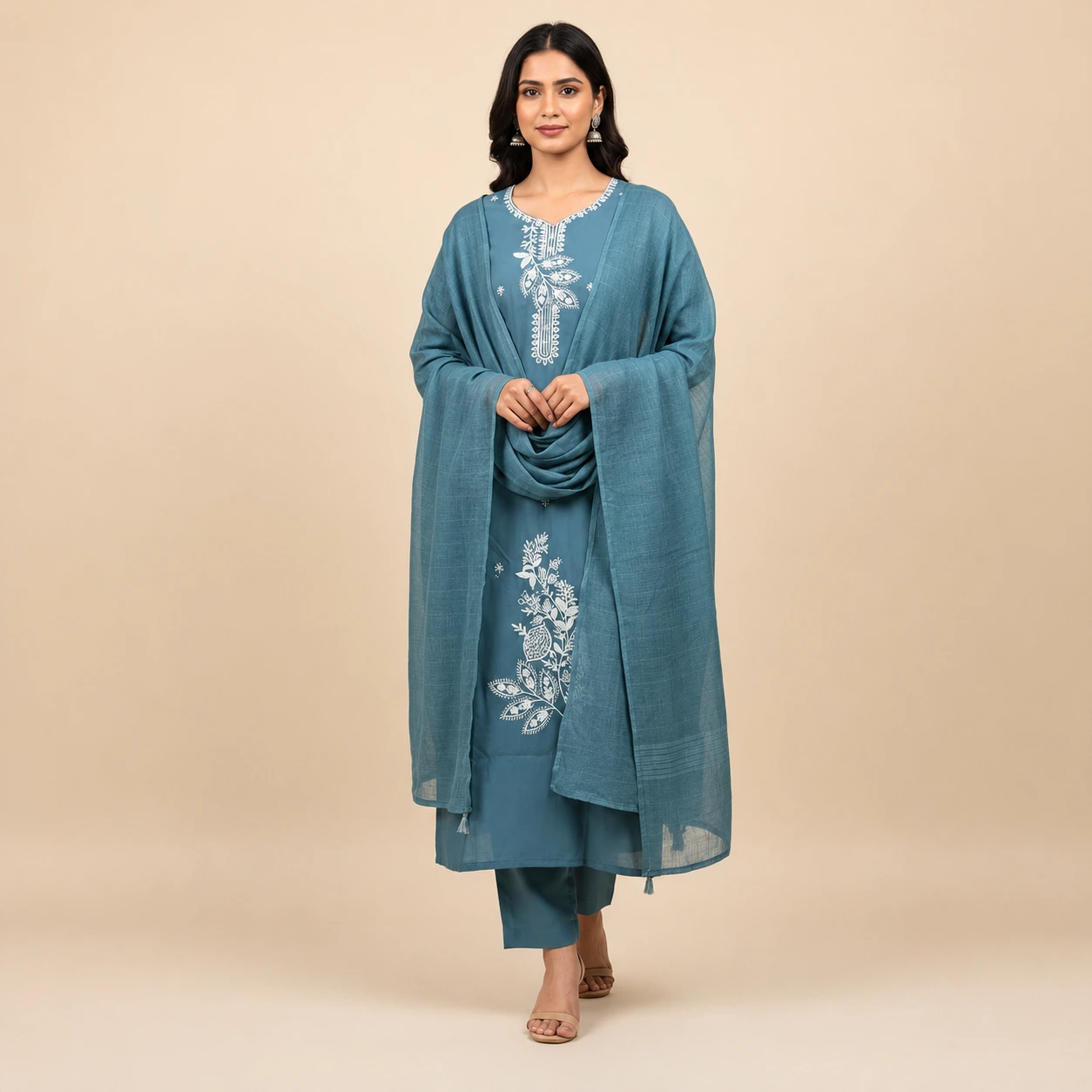 Steel Blue Floral Embroidered Kurta Pant Set with Dupatta
