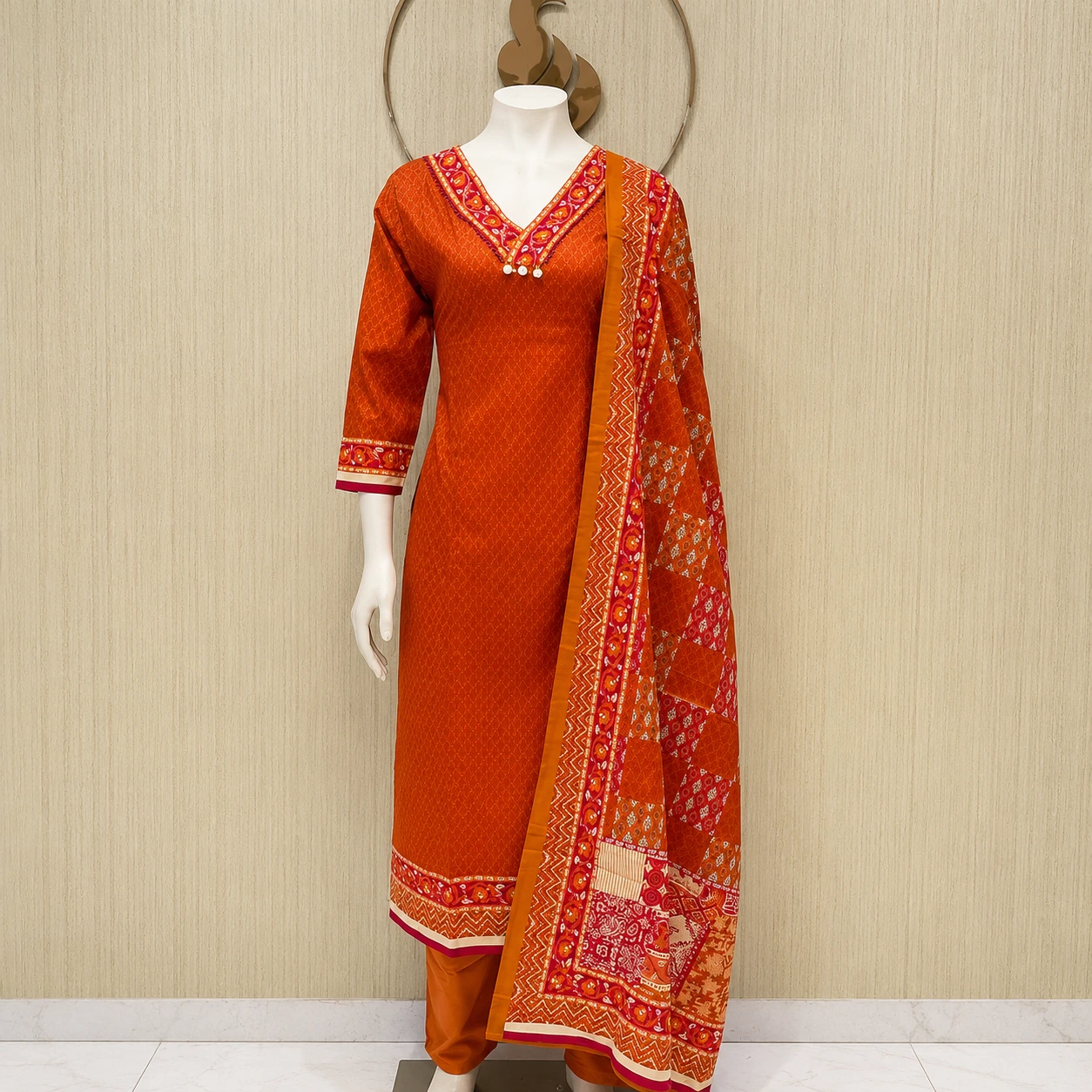 Rust Orange Printed Kurta Pant Set with Dupatta