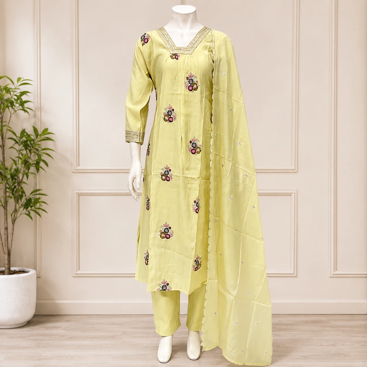 Pastel Yellow Floral Embroidered Kurta Pant Set with Dupatta