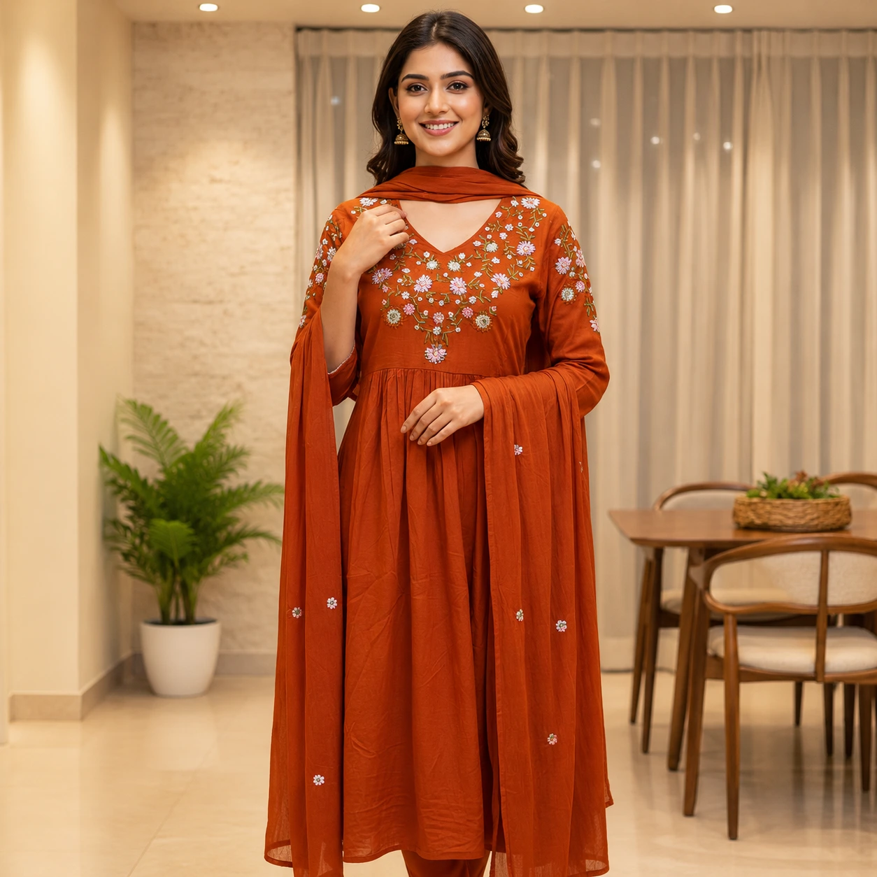 Burnt Orange Floral Embroidered Anarkali Suit with Dupatta
