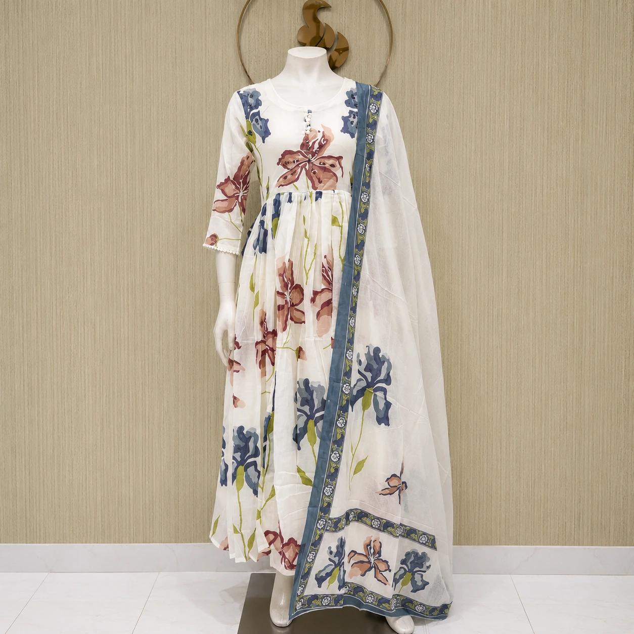 Ivory Floral Print Anarkali Dress with Dupatta