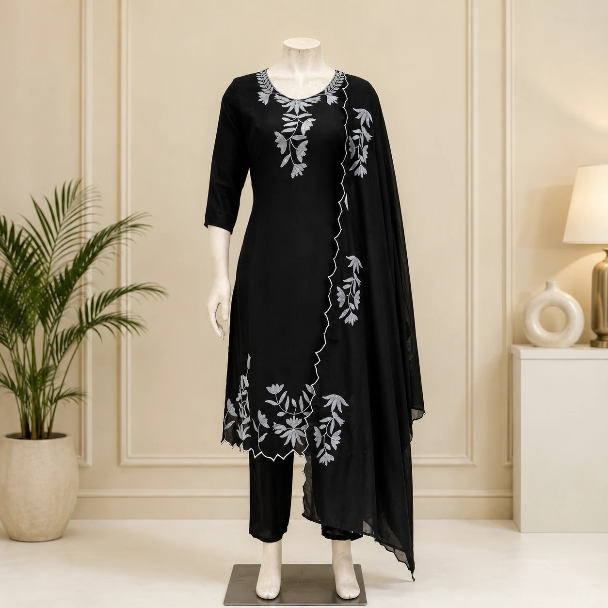 Black Floral Embroidered Kurta Pant Set with Dupatta