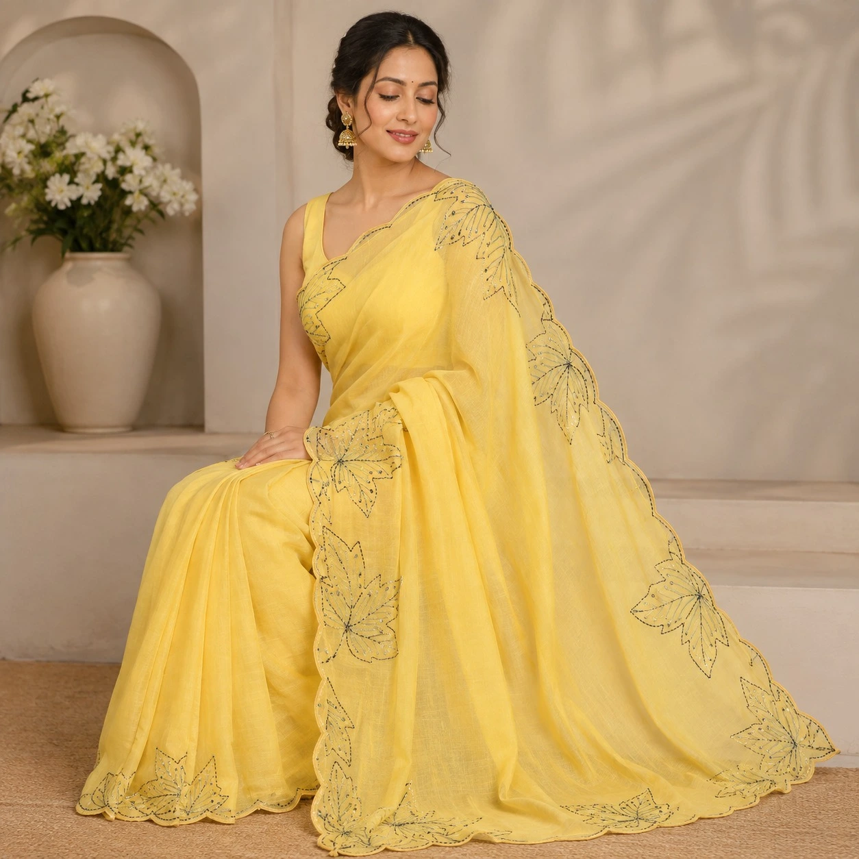 Leaf Embroidered Designer Saree