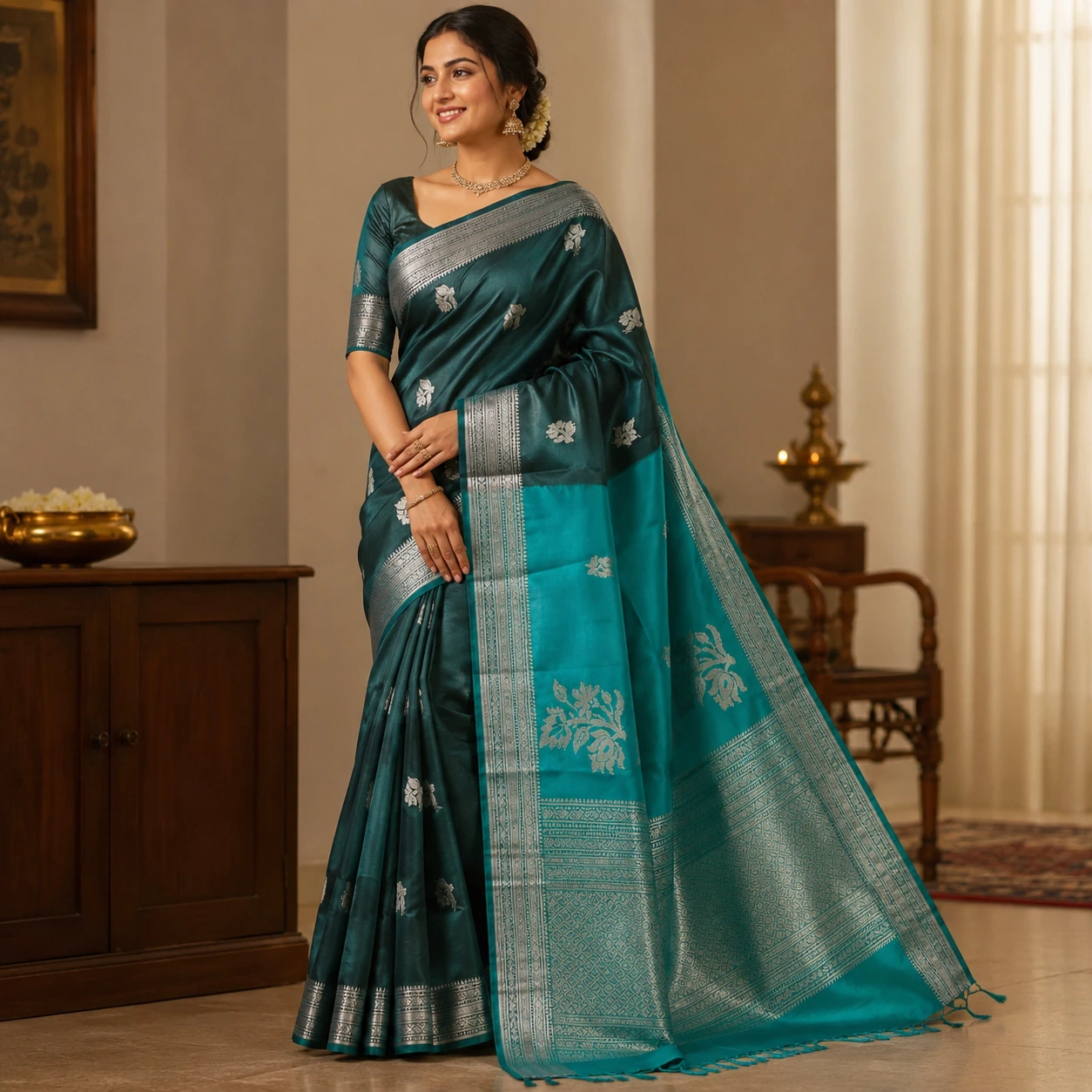 Dual Tone Floral Border Silk Saree