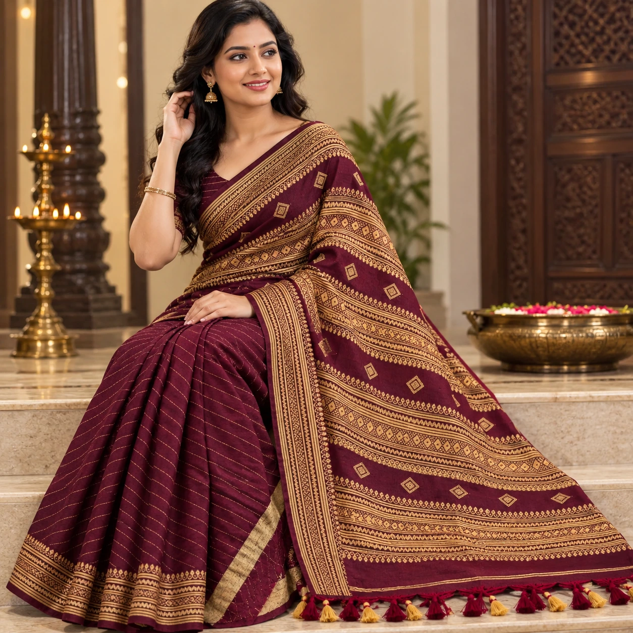 Maroon Traditional Woven Cotton Saree