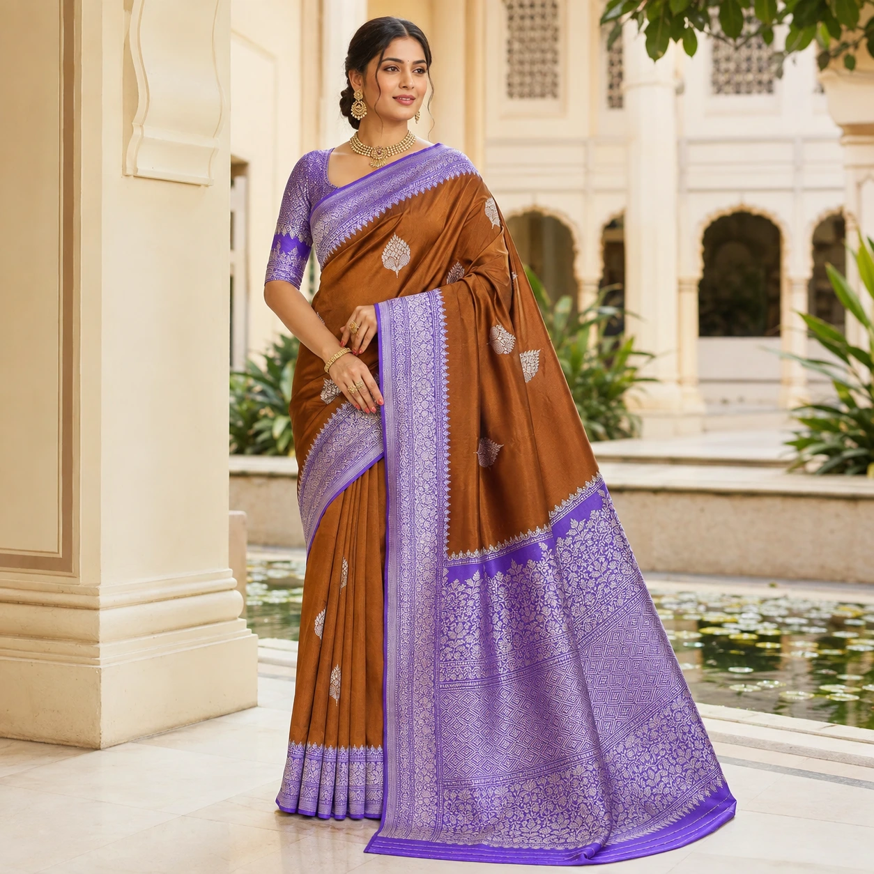 Copper Brown Purple Zari Border Saree