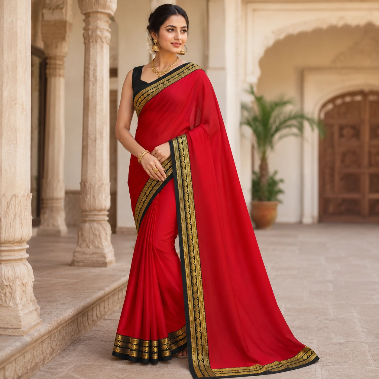 Classic Red Black Zari Border Saree